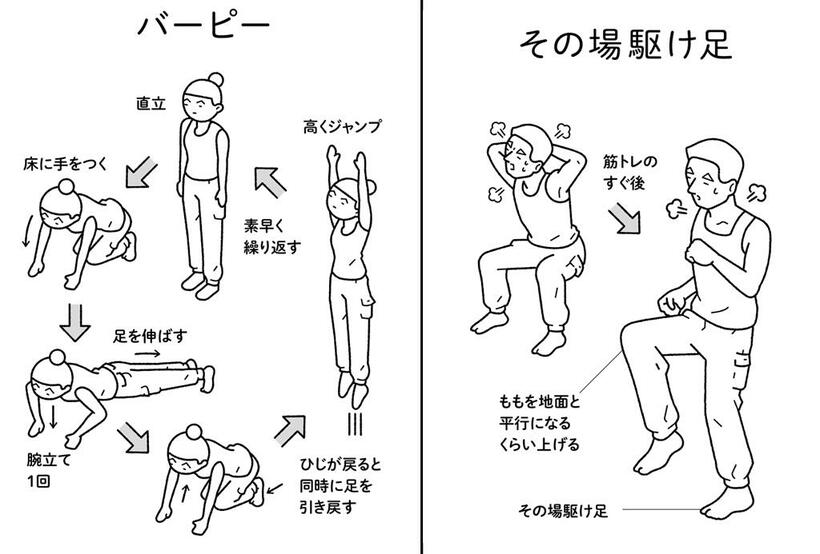 「バーピー（有酸素運動と腕立て伏せを組み合わせる）」と「その場駆け足」（イラスト：北谷彩夏）