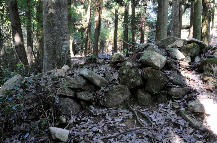 吉田郡山城（広島県）の、城内最大の曲輪・三の丸に残る石塁。三の丸は内部が四段に分かれ、西の段と南の段の間を石塁で隔てていた。