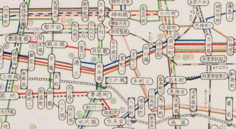 昭和42年6月の路線図。日本橋界隈（資料提供／東京都交通局）