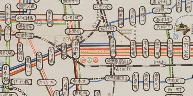 昭和40年3月の路線図。万世橋界隈（資料提供／東京都交通局）