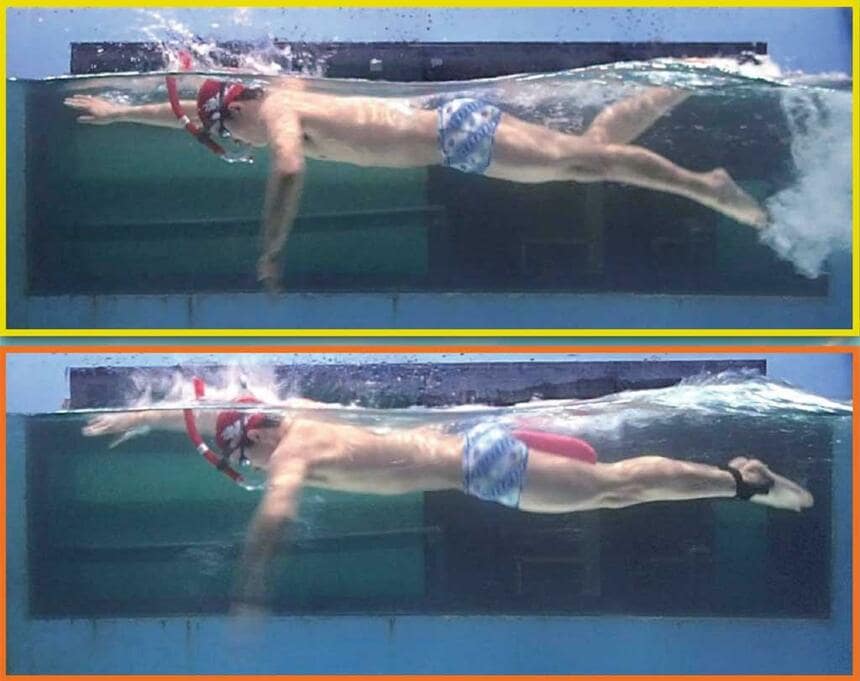 泳ぐときに体が水から受ける抵抗を測る実験。上はバタ足を交えた普通のクロール。下は腕だけを使ったクロール（太ももの間に浮きをはさんで、下半身が沈まないようにしている）　協力・写真提供／高木英樹（筑波大学体育系教授）