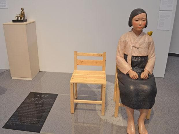 企画展「表現の不自由展・その後」に展示された「平和の少女像」（右）。再開後も展示は維持される見通しだが、事前予約が必要になる　（ｃ）朝日新聞社