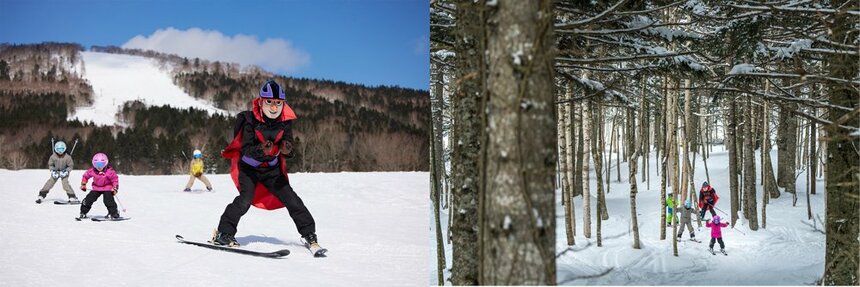 中上級者向けコース「チョッカリ山」は大人でもスリル満点。滑走時の姿勢維持など応用力を学ぶ。チョッカリ大魔神と一緒に滑るイベントが名物