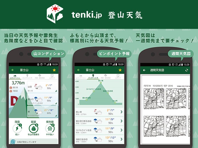 「tenki.jp 登山天気」では山頂の天気や落雷指数をチェックすることができる