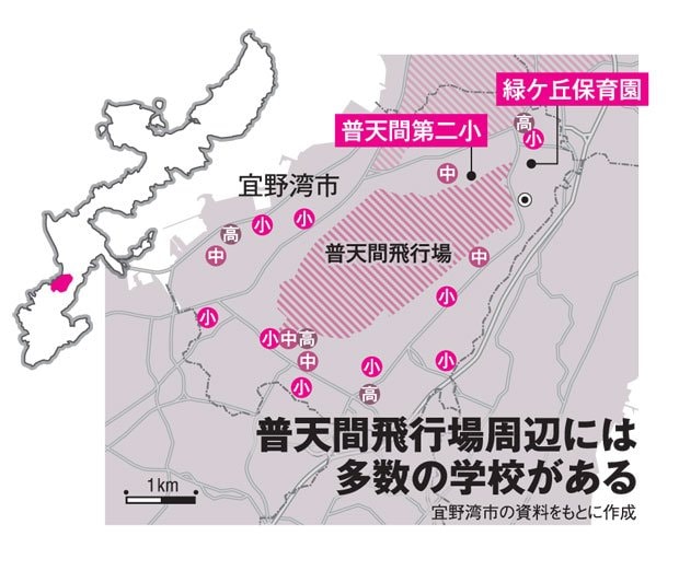 普天間飛行場周辺には多数の学校がある（ＡＥＲＡ　２０１８年６月２５日号より）