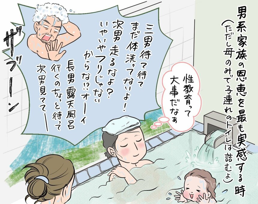 3兄弟をお風呂に入れるのは大仕事（イラスト／tomekko）