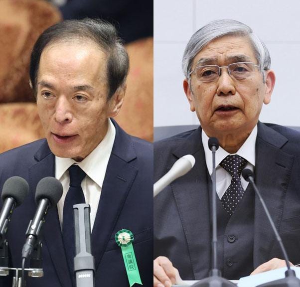 日銀新総裁候補の植田和男氏（左）と、黒田東彦総裁