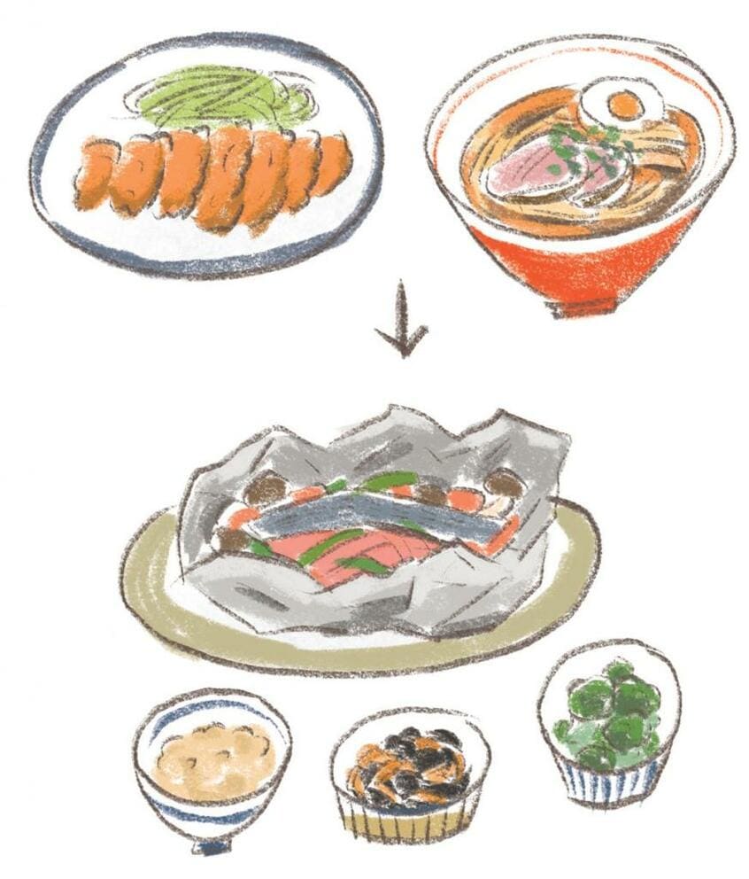 自炊することで極力脂質を控え、塩分は1食2グラム以下を目安にしたい(イラスト/ヤマグチカヨ)