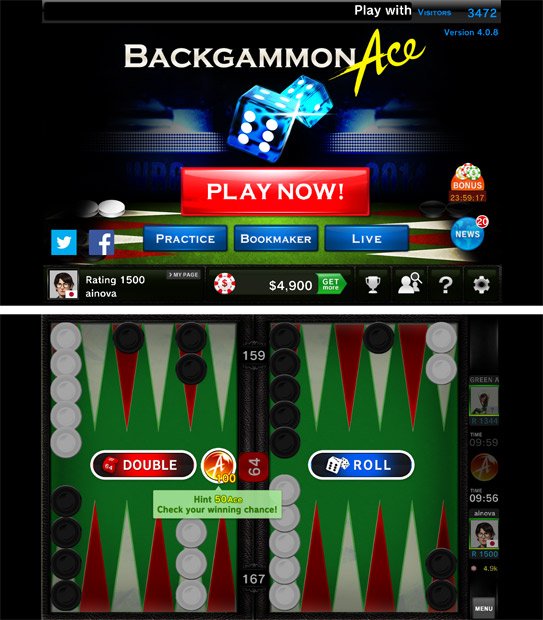 HEROZ社「BackgammonAce」のゲーム画面