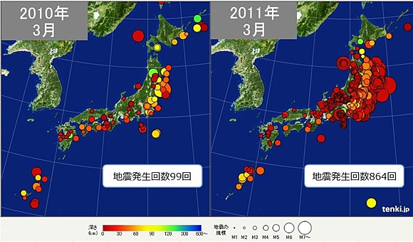 震度1以上を観測した地震の発生分布図（左：2010年3月、右：2011年3月）