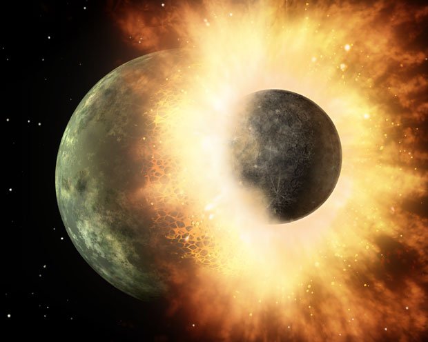 原始惑星同士の衝突の想像図。新説によると、地球にこのような衝突が何回も繰り返し起こり、月が生まれたことになる（ＮＡＳＡ／ＪＰＬ－Ｃａｌｔｅｃｈ）