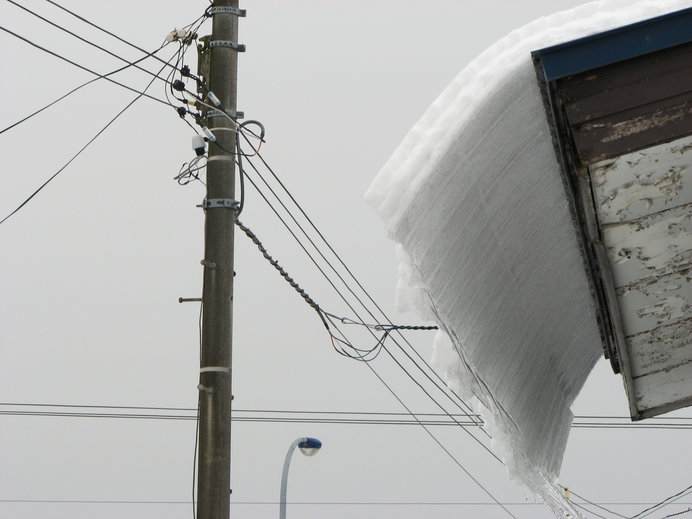 雪解けの季節は上も見て歩かなければ。