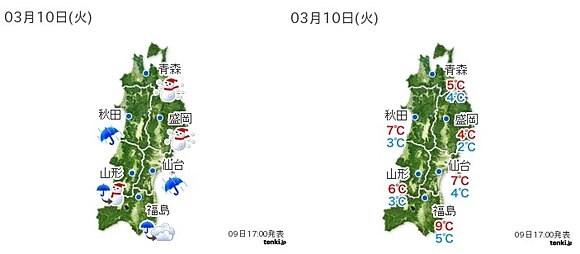 １０日（火）　東北の天気と気温