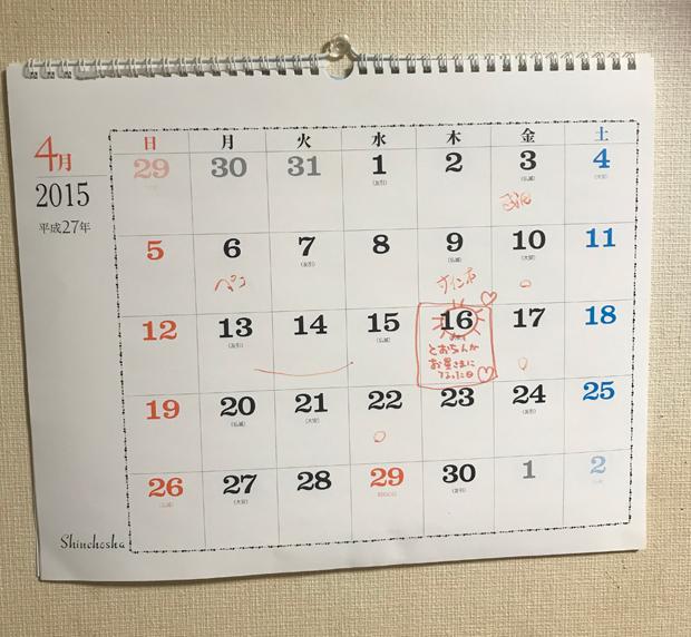 トウチャンが亡くなった日のカレンダー（筆者提供）