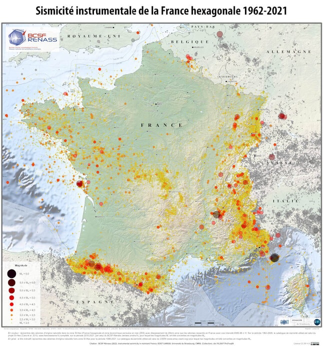 1962年から2021年までのフランスの地震活動の地図