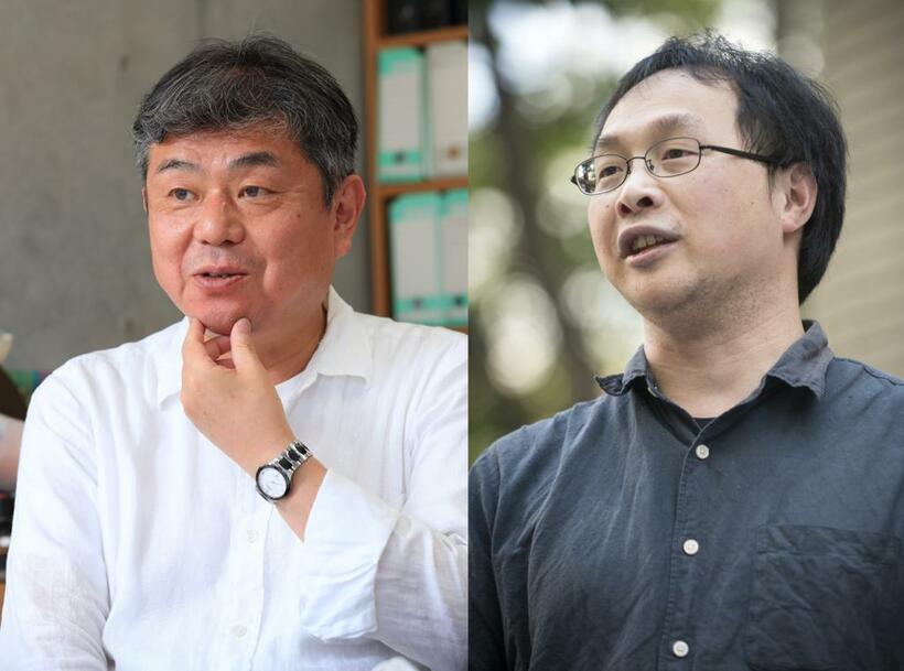 インタビューに答えるユーロスペースの北條誠人支配人（左）＝撮影・松永卓也（写真部）／「ミニシアター・エイド基金」発起人の一人、深田晃司監督（右）＝撮影・横関一浩