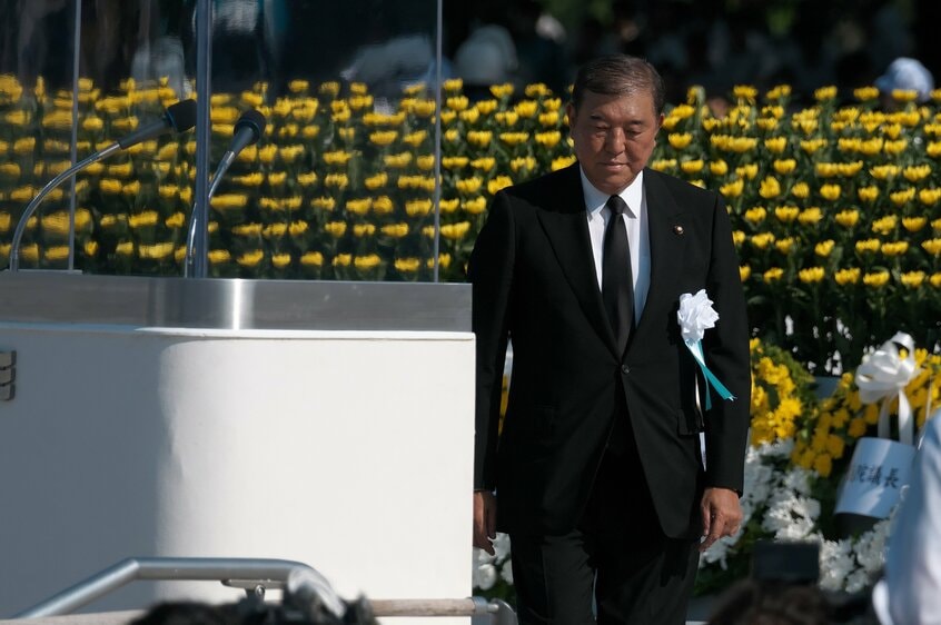 8月6日に行われた平和記念式典のあいさつで、「被爆歌人」の短歌を読み上げた石破茂首相(写真:UPI/アフロ)