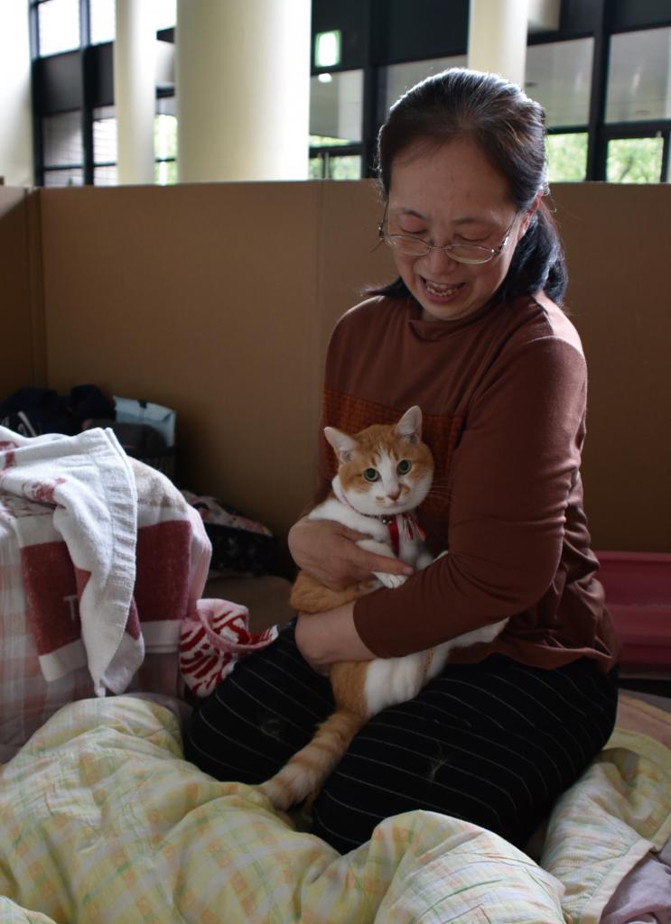 熊本地震で、ペット対応の避難所に愛猫と同行避難した女性。ペットを受け入れる避難所も増えてはいるが、災害時は不測の事態も起こりうる　（c）朝日新聞社