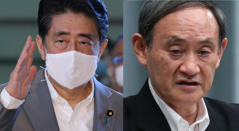 左から安倍晋三首相、菅義偉官房長官。広が り続ける感染に、どう立ち向かうのだろうか　（ｃ）朝日新聞社