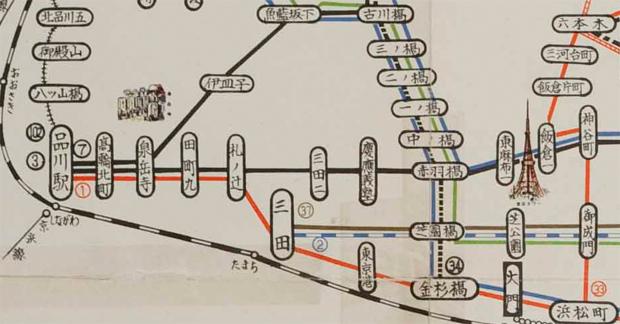 昭和４０年３月の路線図。品川界隈（資料提供／東京都交通局）