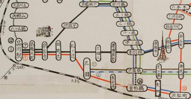 昭和40年3月の路線図。品川界隈（資料提供／東京都交通局）