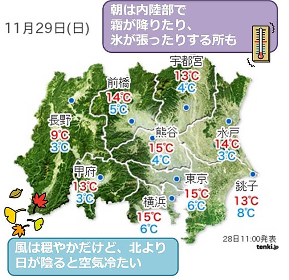 関東・甲信地方の29日（日）の予想気温