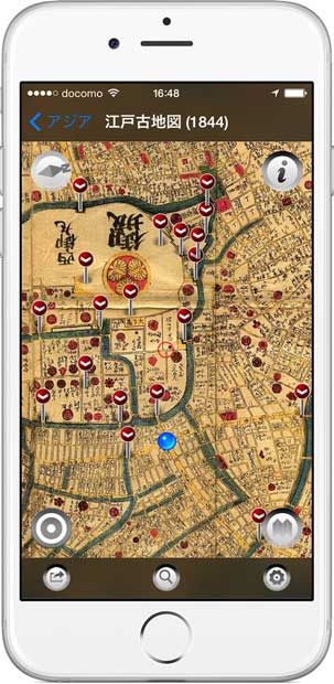 京都のＩＴベンチャー「Ｓｔｒｏｌｙ」が提供するアプリ「こちずぶらり」。世界各地の古地図を、現在地情報付きで見ることが可能（写真：Ｓｔｒｏｌｙ提供）