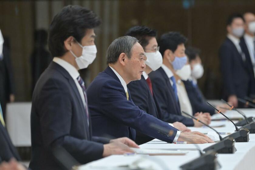 １３日に開かれた新型コロナウイルス感染症対策本部の会合／首相官邸　（ｃ）朝日新聞社