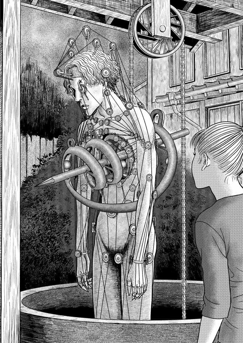 『エーテルの村』2022年発表。大学生の洋太は友人3人と幼いころに住んでいた村を訪れる。どこか奇妙なその村は人類の夢である「永久機関」の実用化に成功した村だった──。伊藤さんが「近年でもっとも作画に苦労した」という永久機関の構造の描写も必見だ(illustration ジェイアイ/朝日新聞出版)