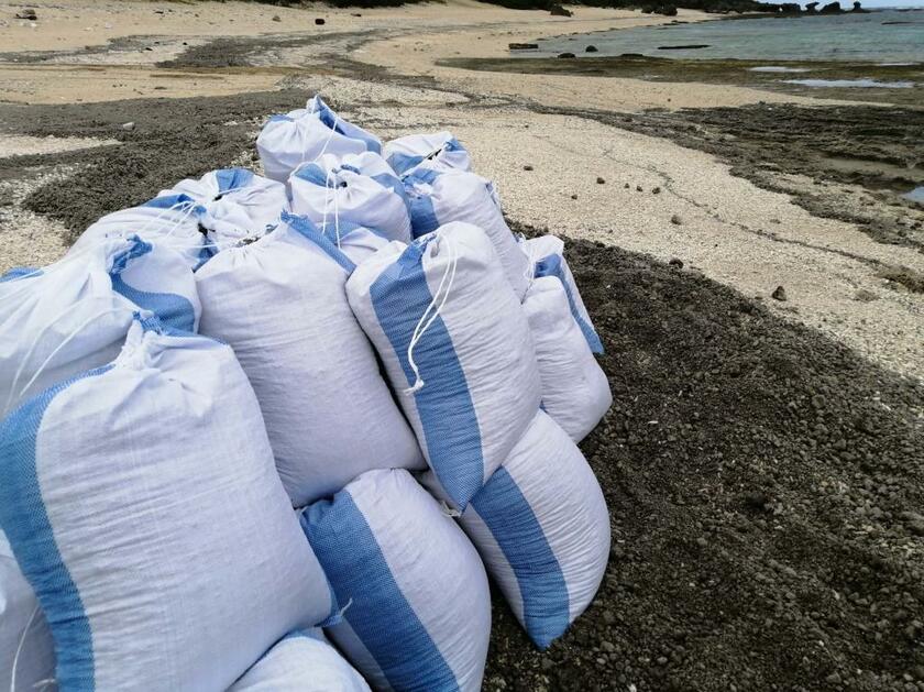 徳之島の海岸で採取した軽石を詰めた土のう袋。漂着した軽石は軽いうえ粒も小さいので詰めやすいという（写真：宮出博史さん提供）