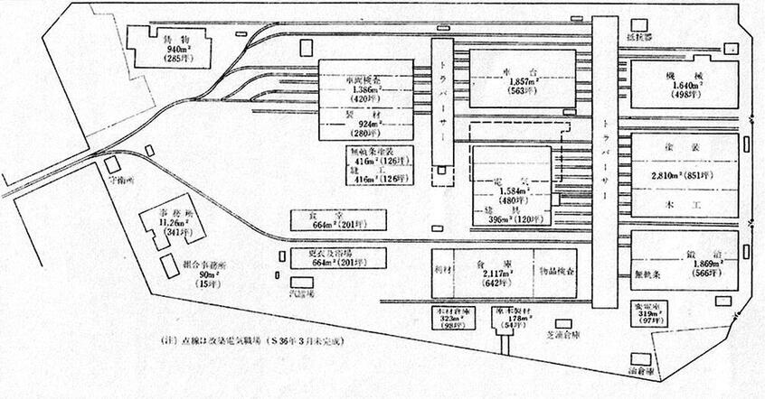 電車両工場平面図(「東京都交通局50年史:1961年刊」から転載)