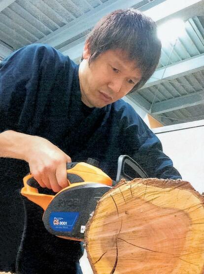切り倒された木を譲り受け、染色に使うために小さく切り離していく坪倉さん(写真:坪倉さん提供)
