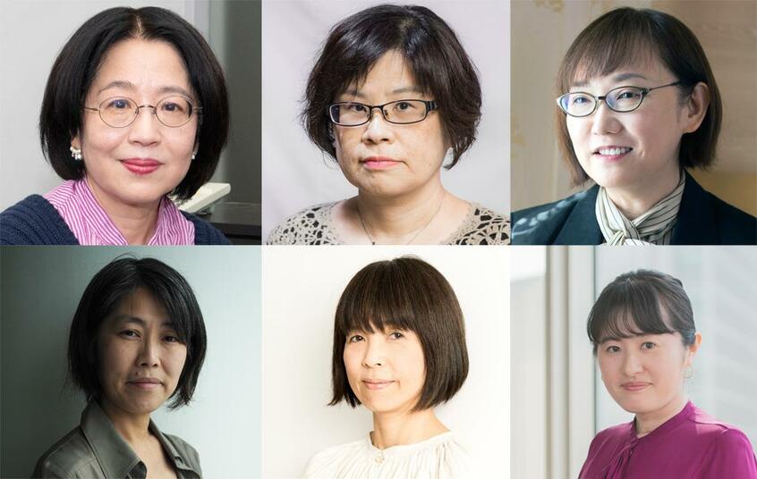 【左から】朝倉かすみさん（５８）『平場の月』（１８５０円＋税／文藝春秋）、大島真寿美さん（５６）『渦　妹背山婦女庭訓　魂結び』（１７００円＋税／新潮社）、窪 美澄さん（５３）『トリニティ』（１７００円＋税／中央公論新社）【左から】澤田瞳子さん（４１）『落花』（１６５０円＋税／文藝春秋）、原田マハさん（５６）『美しき愚かものたちのタブロー』（１５００円＋税／朝日新聞出版）、柚木麻子さん（３７）『マジカルグランマ』（１５００円＋税／朝日新聞出版）［写真：日本文学振興会提供（朝倉さん）、古川義高（大島さん）、朝日新聞社（窪さん、澤田さん）　写真部・小山幸佑（原田さん）　門間新弥（柚木さん）］