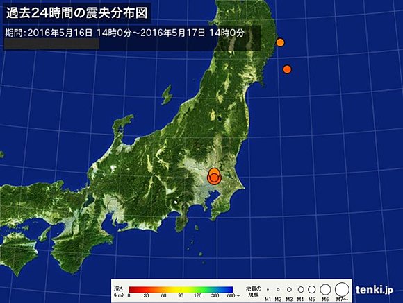 東日本の震央分布図（24時間）