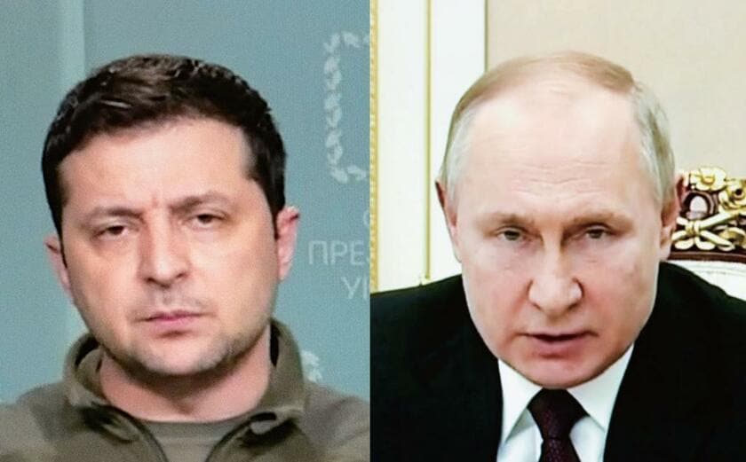 ウクライナ侵攻を続けるロシアのプーチン大統領（右）。ウクライナのゼレンスキー大統領（左）は「ロシアはテロ国家だ。誰も許さない。誰も忘れない」と批判した（写真：ｇｅｔｔｙｉｍａｇｅｓ）