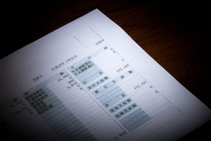 千葉県の私立高校で常勤として働いていた男性教員の給与明細。多い月は１６０時間超の残業をしたが、明細に「残業代」の項目はなかった（写真：私学教員ユニオン提供）
