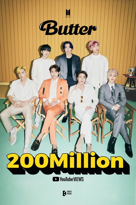BTS「Butter」MVが自己最速で2億再生突破、YouTube24時間最多再生数の1＆2位も獲得