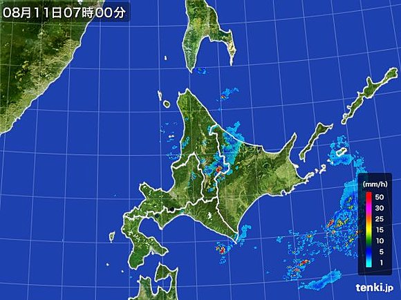 北海道の雨雲の動き（クリックすると最新の様子が見られます）