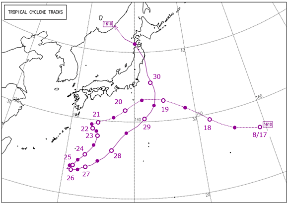 図２　2016年台風第10号　台風経路図　　気象庁ＨＰ「台風経路図」より引用