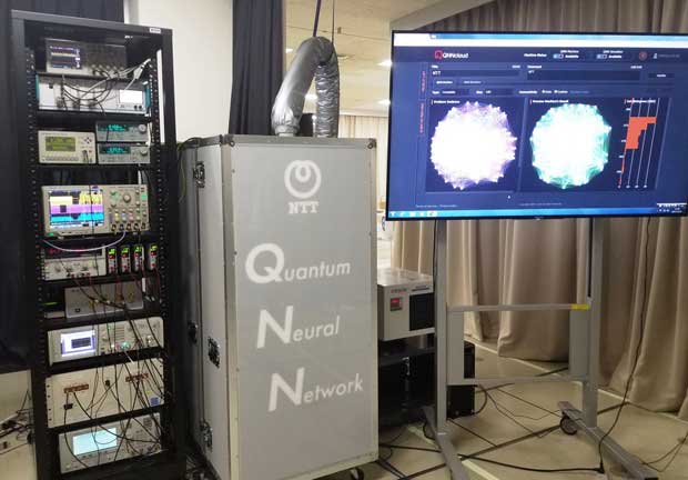 ＮＴＴ、国立情報学研究所、東京大学のチームが開発した「量子ニューラルネットワーク（ＱＮＮ）」。複数のレーザー光パルスを光ファイバー中で絡ませ、「最適な組み合わせ解」を計算する仕組みだ（写真：ＮＴＴ提供）