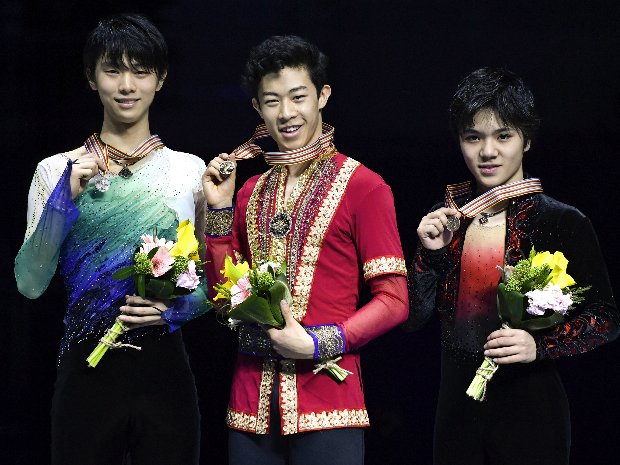 四大陸選手権でネイサン・チェン（中央）は羽生結弦（左）や宇野昌磨（右）を抑え優勝した（写真：Getty Images）