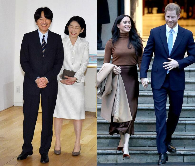 秋篠宮ご夫妻は代替わり後、さらに公務が増えている（左）　（ｃ）朝日新聞社／ハリー王子とメーガン妃の「セミリタイア」宣言は、大きな波紋を呼んだ（右）（写真：ｇｅｔｔｙｉｍａｇｅｓ）