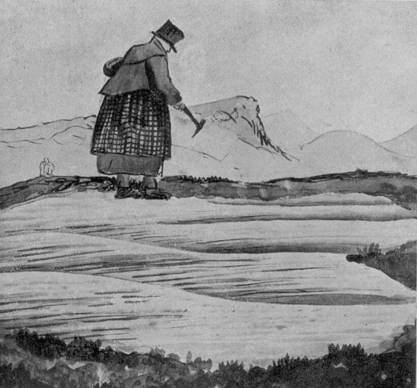 英国地質研究所初代所長デ・ラ・ビーチが描いたメアリーの戯画。木靴あるいは泥よけ用の上靴をはき、短い頑丈なペチコート、短めのチェックのスカート、男性用の上着に肩掛けカバンを提げて化石発掘の作業をするメアリー。デ・ラ・ビーチは幼い頃からメアリーの近所に住み、親しかった