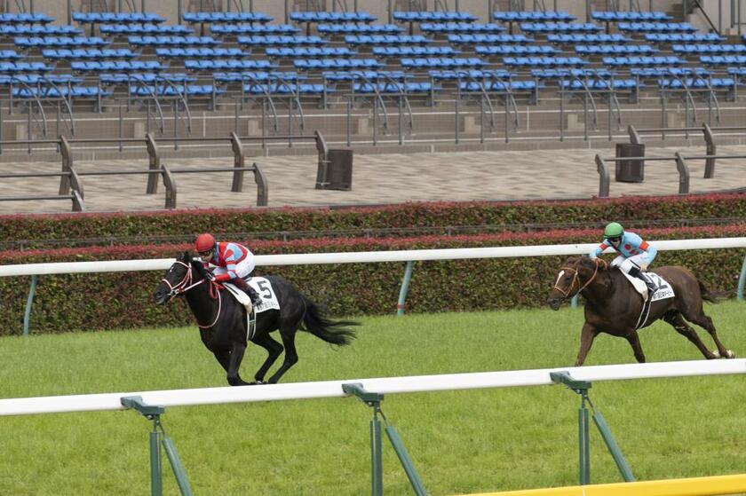 5月の日本ダービーを3馬身差で制したコントレイル（左）。右は2着のサリオス(C)朝日新聞社