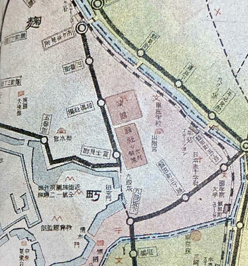 東京鉄道会社の「東京市内電車案内図」は1907年3月の発行で、九段坂下~富士見町の九段坂の区間は点線で表示された開業予定線になっている。(所蔵/諸河久)