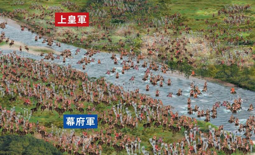 長野県から岐阜・愛知県を経て、伊勢湾に流れる木曽川は、畿内の防衛の要だった。川の両岸に、両軍は対峙。幕府軍が渡河し始めると、上皇軍は敗走した（CG製作／成瀬京司）