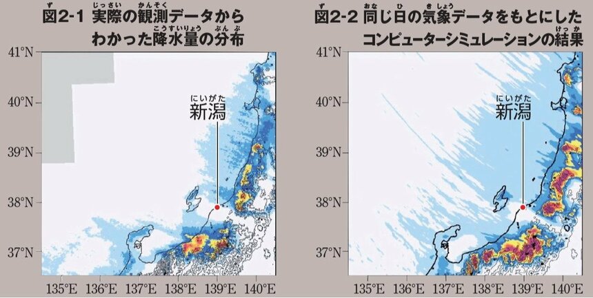 シミュレーションで描き出された積雪（降水量）の分布（図2-2）と、実際の観測から得られた分布図（図2-1）（画像・データ提供／筑波大学計算科学研究センター・日下博幸教授）