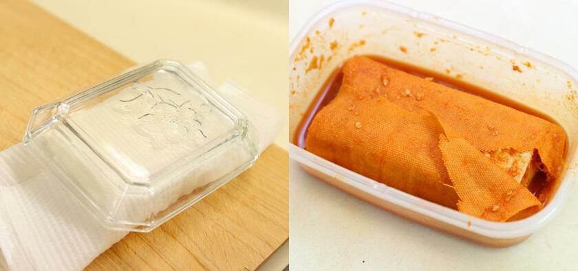 【ワンポイントアドバイス】豆腐はお皿やペットボトルなどを使い、500g程度の重しをのせて水切りをする。(左) 豆腐を調味料に漬け込む際、さらしで巻いておくと完成後に取り出しやすい。 (撮影/写真部・松永卓也)