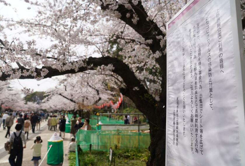 シートを敷いての花見禁止などを呼びかける看板が立てられている東京都の上野公園