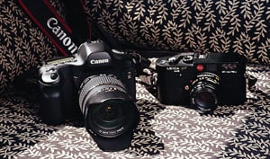 左がキヤノンEOS Kiss Digitalを経て、2006年に購入したEOS5D。主に旅先で使用している。レンズは、テレビドラマのカメラマンにすすめられたタムロン28～300ミリF3.5～6.3。そしてフィルムをやってみようと、今年手に入れたのがライカM6。店員に「M3は初心者には操作がむずかしく、M7だとオート機能がついていて操作感が得られない。どっぷりやるならM6がちょうどいい」とすすめられて決めたという。レンズは、ズミクロンM50ミリF2